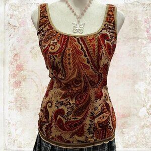 Cream and Burgundy Velvet Paisley Tank Top